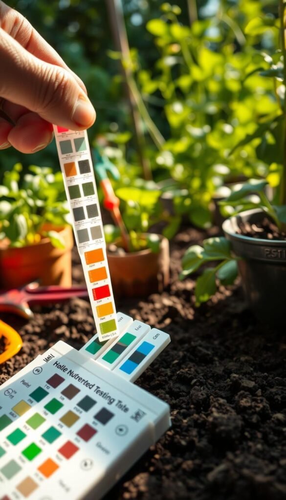 A well-lit, close-up scene of a soil nutrient testing kit being used in a vegetable garden. The foreground features the testing kit's various color-coded test strips being dipped into a soil sample, with the results clearly visible. The middle ground shows gardening tools and a potted plant, suggesting a hands-on, practical setting. The background depicts a lush, verdant garden with healthy plants and a warm, natural lighting. The overall mood is one of scientific inquiry and gardening expertise, conveying the importance of understanding soil health for effective fertilization.