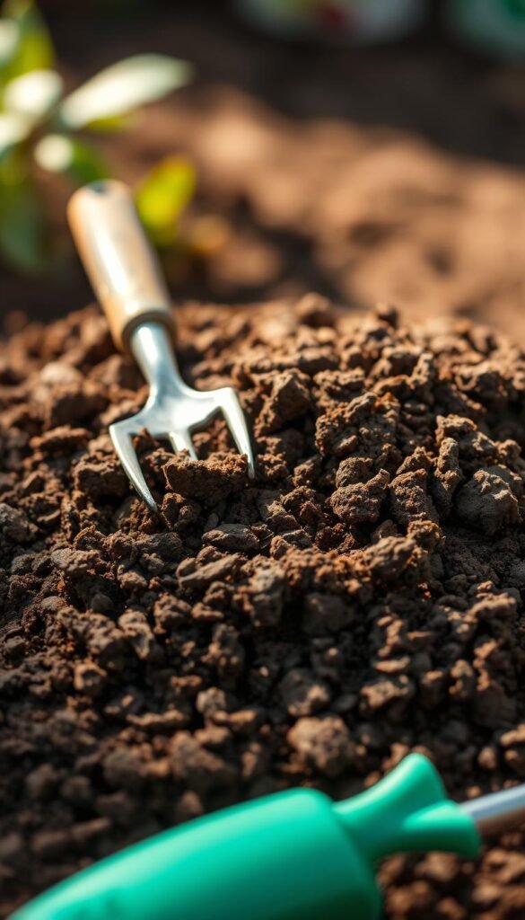 A well-lit close-up shot of a pile of budget gardening soil, its texture and composition clearly visible. The soil has a rich, dark brown color and a crumbly, loamy structure, indicating a healthy balance of organic matter and nutrients. In the foreground, a few small garden tools, such as a trowel and hand fork, are partially buried in the soil, suggesting its workability and suitability for planting. The background is blurred, creating a sense of focus on the soil itself. Warm, natural lighting casts subtle shadows, enhancing the depth and tactile quality of the soil. The overall impression is one of a budget-friendly, high-quality gardening medium ready to nurture a thriving vegetable patch.