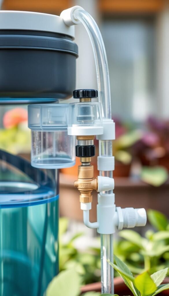 A well-lit, close-up shot of a self-watering system's inner workings and maintenance components. The foreground features the system's water reservoir, soil moisture sensor, and valve mechanism, all in crisp detail. The middle ground showcases the system's water delivery tubes and connectors, highlighting their functionality. The background blends a soft, out-of-focus container garden scene, suggesting the system's application. The lighting is natural, casting gentle shadows and highlights to accentuate the system's intricate parts. The overall mood is informative and educational, inviting the viewer to understand the inner workings of a self-watering system.