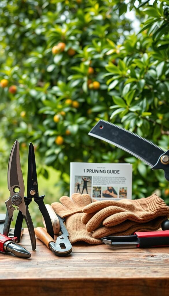 A well-lit, close-up shot of an assortment of professional pruning tools neatly arranged on a wooden workbench. In the foreground, sharp secateurs, loppers, and a pruning saw stand ready. In the middle ground, a pair of sturdy gloves and a detailed pruning guide book. The background features lush, verdant foliage, suggesting a thriving fruit tree orchard. The lighting is soft and natural, highlighting the tools' textures and colors. The overall composition conveys a sense of expertise, organization, and the care required for proper fruit tree pruning.