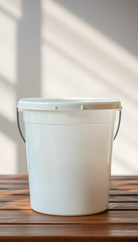 A well-lit, close-up view of a clean, food-grade 5-gallon plastic bucket positioned on a wooden surface. The bucket has a smooth, shiny surface free of any defects or discoloration. Beams of soft, diffused natural light cast gentle shadows, highlighting the texture and contours of the bucket. The background is blurred, creating a sense of focus on the bucket as the central subject. The overall atmosphere is one of simplicity, cleanliness, and attention to detail, conveying the importance of proper container preparation for DIY bucket gardening.