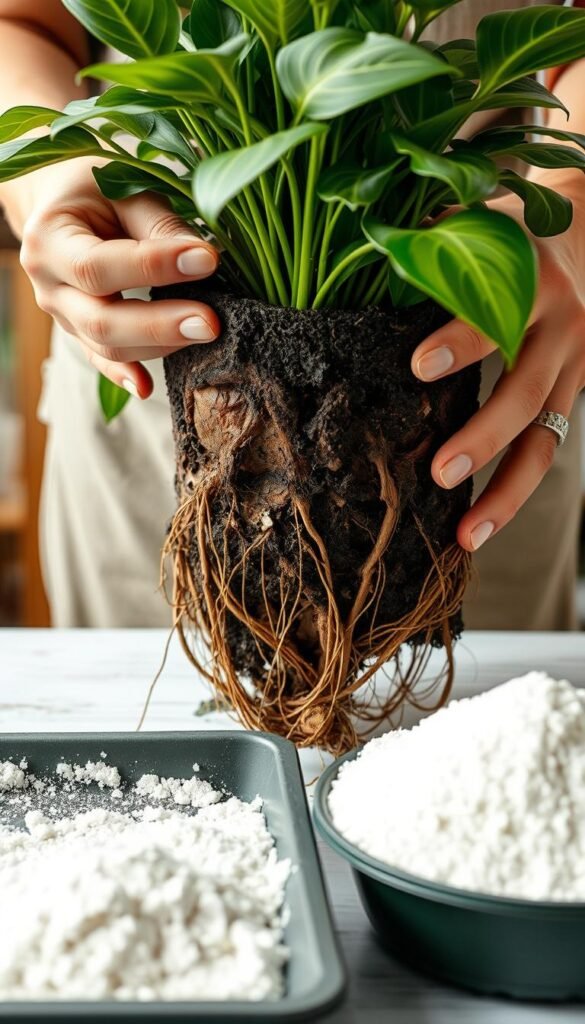 A well-lit, close-up view of a gardener's hands carefully repotting an overwatered houseplant. The plant's root system is exposed, revealing saturated soil and signs of distress. In the foreground, a drainage tray and fresh potting mix stand ready. The mid-ground shows the gardener's gentle, experienced movements as they gently loosen the roots and transfer the plant to the new container. The background is softly blurred, emphasizing the focused task at hand. The overall atmosphere conveys a sense of care, attention to detail, and the gardener's intent to revive the struggling plant.