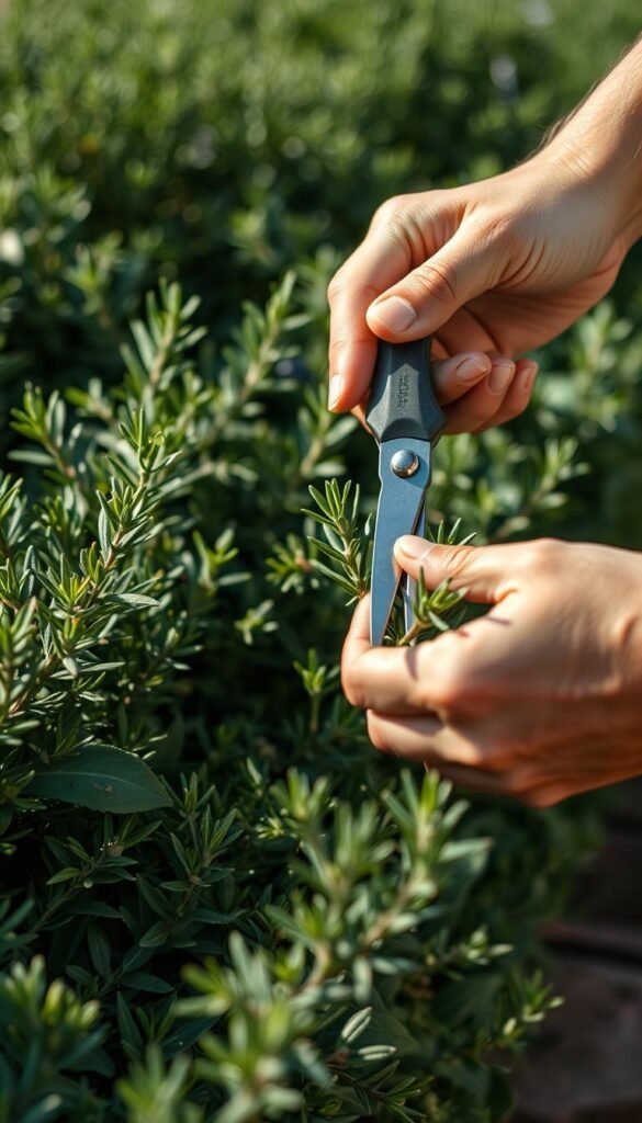 A well-lit, close-up view of a person's hands carefully pruning an edible hedge plant, such as a rosemary or lavender shrub, with a sharp pair of gardening shears. The foreground focuses on the detailed snipping motion, while the middle ground showcases the lush, vibrant green foliage of the hedge. The background is slightly blurred, highlighting the task at hand. The lighting is soft and natural, casting gentle shadows that emphasize the textures of the leaves and the person's hands. The overall mood is one of focused, methodical care and attention to maintaining a productive, edible landscape element.