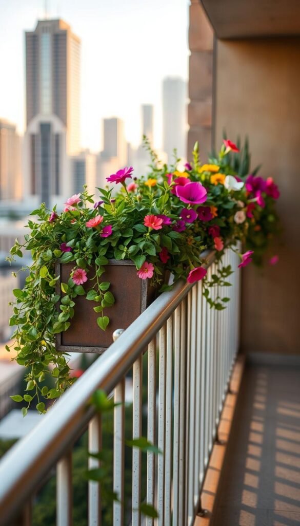 A well-lit, close-up view of a railing planter installation on a balcony or patio. The planter is made of sturdy metal or wood, mounted securely to the railing. Inside, lush greenery and colorful blooms spill over the edges, creating a vibrant, cascading display. The balcony is bathed in warm, natural light, highlighting the texture and colors of the plants. The camera is positioned at an angle to showcase the installation in its full glory, with the railing filling the foreground and the city skyline visible in the background, providing a sense of place. The overall mood is one of serene, botanical beauty amidst the urban environment.