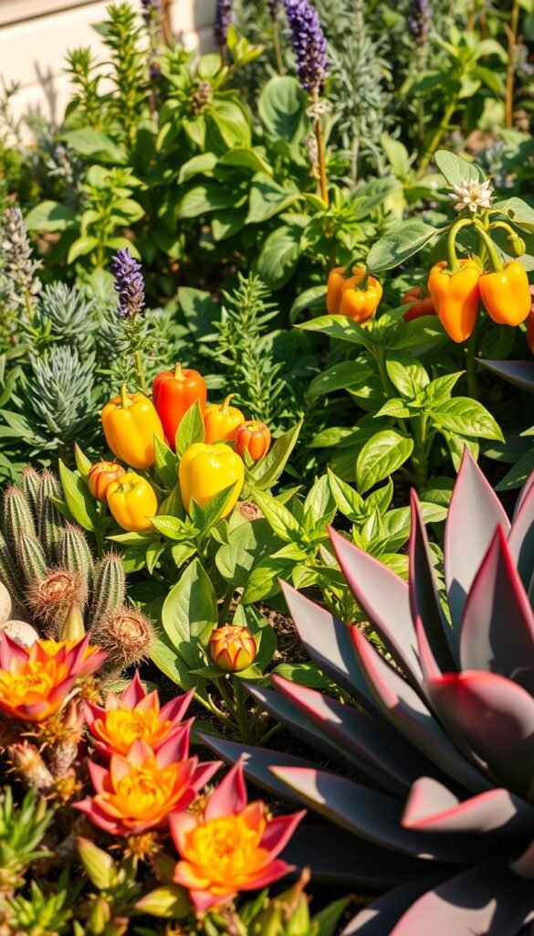 A well-lit, close-up view of a vibrant garden bed showcasing a selection of heat-tolerant plants. In the foreground, lush foliage and colorful blooms of drought-resistant succulents, cacti, and agave plants. In the middle ground, thriving pepper plants with glossy green leaves and ripening peppers. In the background, a variety of heat-loving herbs and greens like rosemary, lavender, and Swiss chard. The lighting is warm and natural, accentuating the textures and colors of the resilient plants. The composition is balanced, drawing the viewer's eye to the diverse, healthy specimens perfect for a summer vegetable garden.