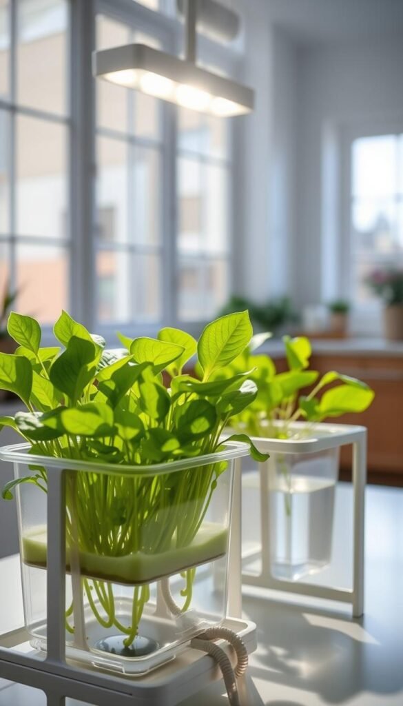 A well-lit, compact hydroponic setup featuring a sleek, minimal design. In the foreground, a transparent growing container holds lush, verdant leafy greens, their vibrant stems and leaves reaching towards the sun. The middle ground showcases a minimalist, space-saving stand or shelf, with a simple water reservoir and tubing system. The background blends seamless with the setup, suggesting a bright, airy indoor environment, perhaps a kitchen or sunroom, with natural light streaming in through large windows. The overall scene exudes a sense of low-maintenance, efficient, and visually appealing hydroponics, perfect for the busy, green-thumbed gardener.