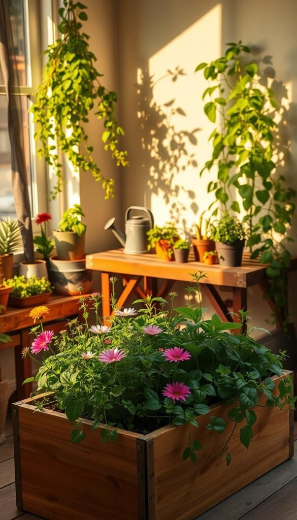 A well-lit container garden filled with thriving plants in a cozy, intimate setting. A small wooden planter box sits in the foreground, overflowing with lush greenery and colorful flowers bathed in warm, golden sunlight filtering through a window. The middle ground features a rustic potting bench adorned with gardening tools and a watering can, surrounded by trailing vines and potted herbs. In the background, a cheerful houseplant casts gentle shadows on the wall, creating a sense of depth and natural ambiance. The overall atmosphere is one of tranquility, productivity, and the joys of small-space gardening.
