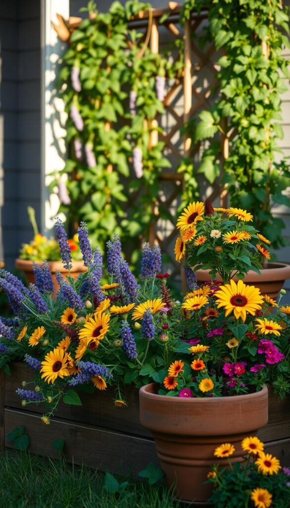 A well-lit container garden setup filled with vibrant, lush flowers in various colors and textures. In the foreground, a wooden planter box overflowing with a diverse array of pollinator-friendly blooms, including delicate lavender, bright sunflowers, and vining nasturtiums. The middle ground showcases a terracotta pot filled with a flourishing butterfly bush, its delicate purple panicles swaying gently. In the background, a trellis supports a climbing vine, its verdant foliage and delicate blossoms creating a natural, inviting backdrop. Soft, directional lighting illuminates the scene, casting gentle shadows and highlighting the garden's intricate details. The overall atmosphere is one of tranquility and abundance, a welcoming oasis for pollinators to thrive.