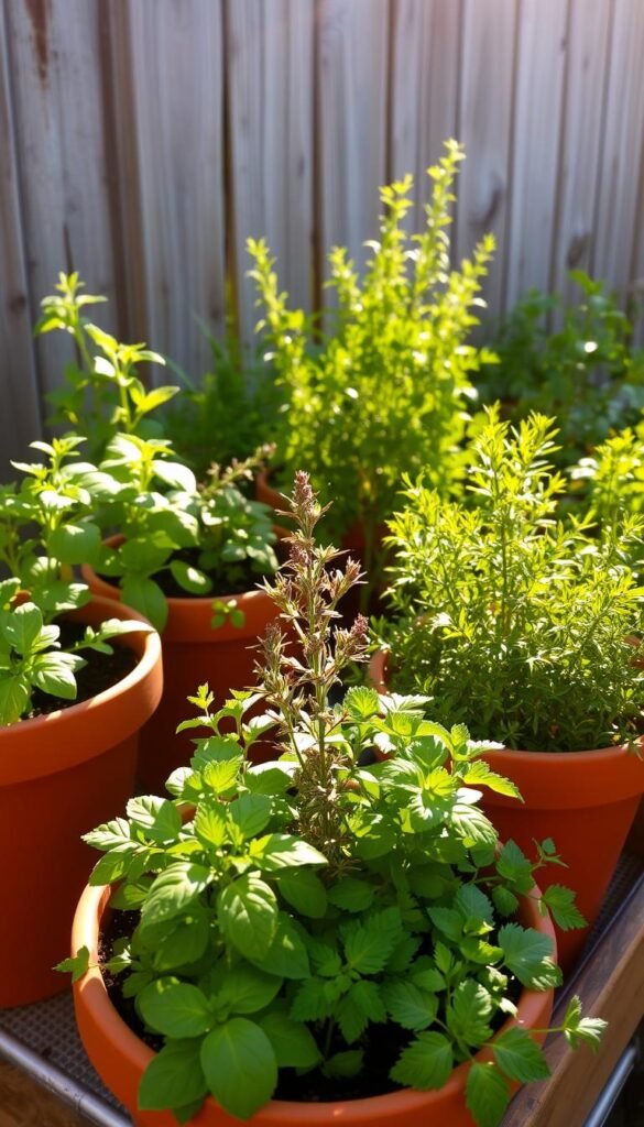 A well-lit container herb garden, sun's golden rays filtering through lush greenery. In the foreground, vibrant basil, fragrant rosemary, and verdant thyme thrive in terracotta pots. The middle ground showcases a variety of other herbs - oregano, chives, and parsley - neatly arranged. In the background, a weathered wooden fence serves as a natural backdrop, adding depth and character. The lighting is soft and warm, creating a serene, inviting atmosphere. The scene captures the essence of a bountiful, low-maintenance container herb garden, perfect for those new to growing their own culinary herbs.
