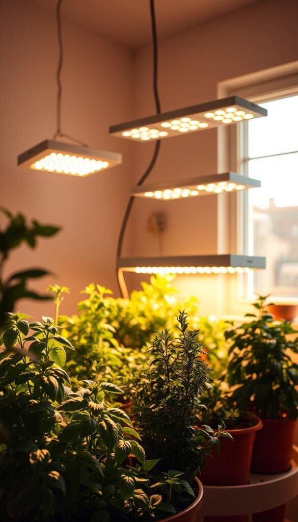 A well-lit, cozy indoor herb garden showcasing the ideal lighting requirements for thriving herbs. The foreground features an assortment of potted herbs - basil, rosemary, thyme - bathed in warm, diffused sunlight streaming through a large window. The middle ground depicts a variety of carefully positioned grow lights, casting a soft, even illumination over the plants. The background suggests a clean, modern, minimalist interior design, with neutral tones and clean lines, to focus attention on the lush, vibrant herbs. The overall scene conveys a sense of tranquility and nourishment, highlighting the essential balance of natural and artificial lighting for a successful indoor herb garden.