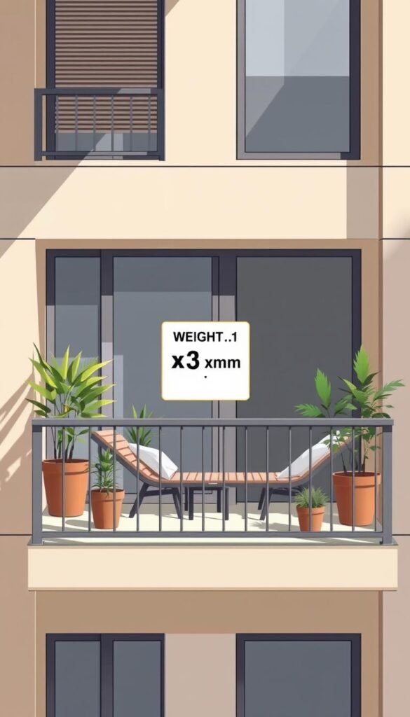 A well-lit, detailed illustration of a residential balcony featuring a clear, legible weight restriction sign. The sign displays the maximum weight capacity in bold text, emphasizing the safety guidelines. The balcony is surrounded by modern, minimalist railing, with potted plants and outdoor furniture creating a cozy, inviting atmosphere. The scene is captured from a slightly elevated angle, providing a clear view of the balcony's dimensions and the weight restriction signage. The lighting is natural, with soft shadows and highlights accentuating the textures and materiality of the balcony elements. The overall mood is informative and practical, conveying the importance of understanding balcony weight limits for responsible apartment living.