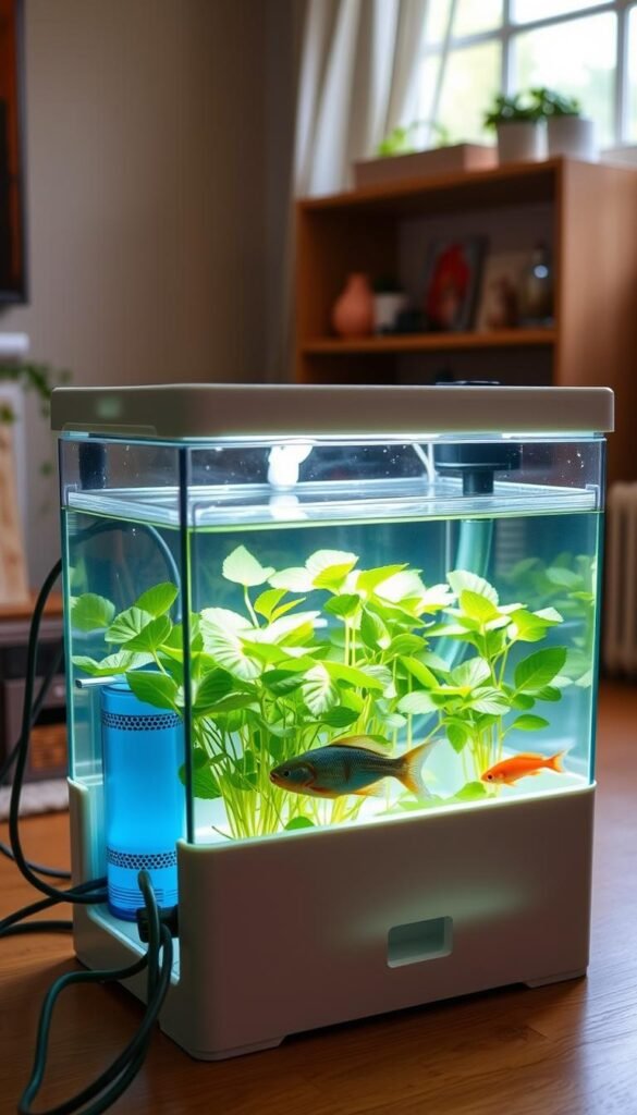 A well-lit, detailed illustration of a small-scale aquaponics setup, showcasing the key steps in a step-by-step layout. A clear, bright foreground displays the main components - a fish tank, grow bed, and water pump - arranged in a functional, compact design. The middle ground features lush, thriving plants and healthy fish swimming in the tank. The background subtly suggests a cozy, indoor home environment, with natural lighting streaming in through a window. The overall mood is one of simplicity, efficiency, and the rewarding experience of urban food production.