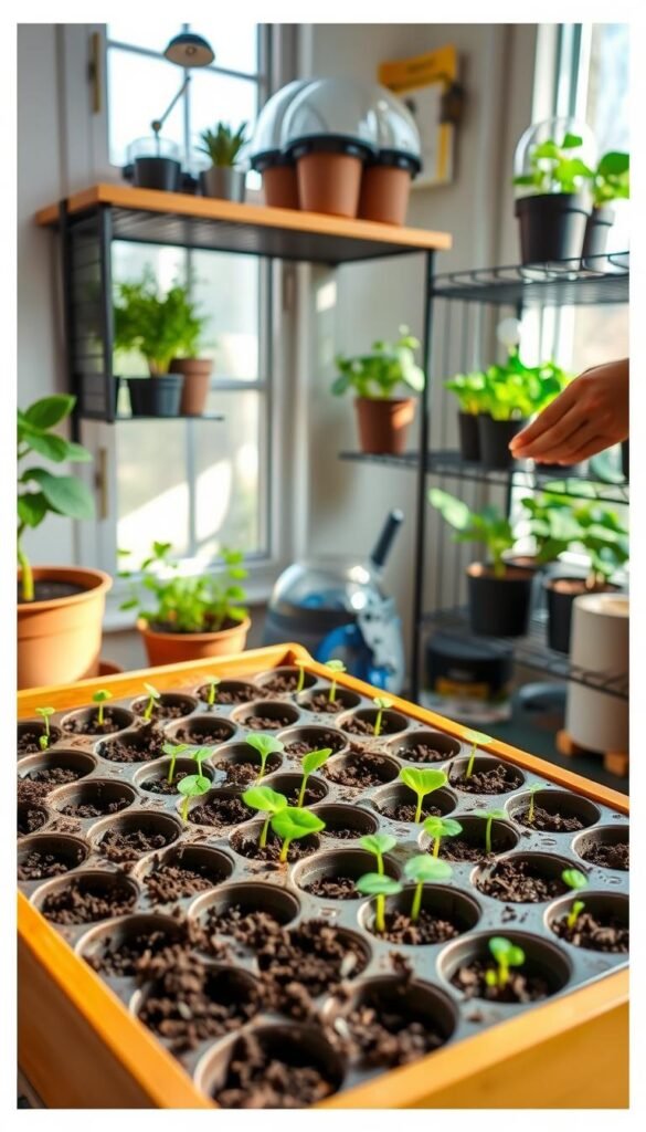 A well-lit, detailed indoor gardening scene showcasing various seed-starting techniques. In the foreground, a wooden potting tray filled with seed-starting trays, soil, and young seedlings emerging from the soil. In the middle ground, a gardener's hands gently transplanting seedlings into larger pots, with a magnifying glass and gardening tools nearby. The background features a window with natural light streaming in, illuminating shelves holding additional seed trays and plant propagation materials like propagation domes and rooting hormone. The overall atmosphere is one of calm, focused productivity in a well-organized, serene indoor growing space.