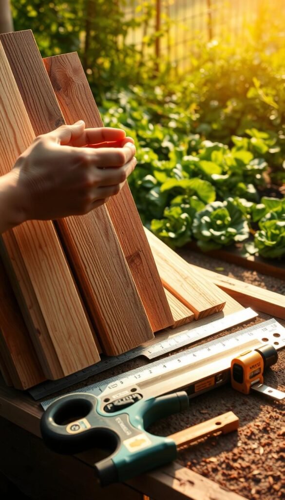 A well-lit, detailed scene of a person carefully selecting various construction materials for a raised garden bed. In the foreground, the person's hands are examining different types of wood, such as cedar and pressure-treated pine, as well as galvanized steel edging. In the middle ground, a variety of garden tools like a level, measuring tape, and hand saw are neatly arranged. The background features a lush, green vegetable garden, suggesting the purpose of the raised bed. The lighting is warm and natural, creating a serene, thoughtful atmosphere. The camera angle is slightly elevated, providing a clear view of the selection process. The overall composition emphasizes the importance of carefully choosing the right materials for a successful raised garden bed.