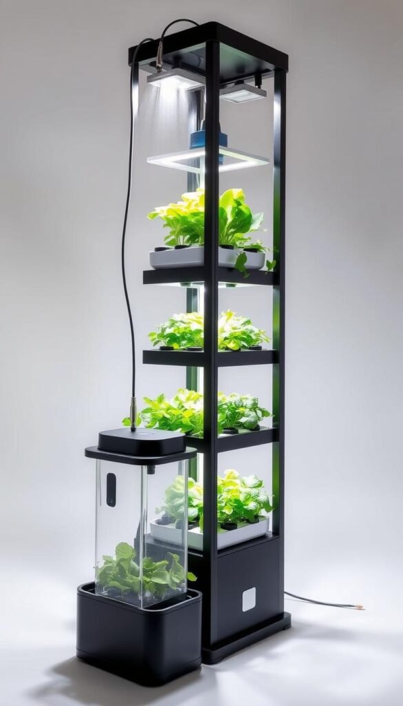 A well-lit, detailed set of aeroponic tower components arranged against a minimalist background. The foreground showcases the key elements - a sleek tower frame, misting nozzles, water reservoir, and a selection of healthy plants thriving in the vertically stacked growing trays. The middle ground provides a closer look at the efficient irrigation system and the modular design. In the background, an uncluttered studio setting with soft shadows accentuates the modern, streamlined aesthetic of the aeroponic setup. The overall composition highlights the compact, space-saving nature of this self-contained vertical farming solution.