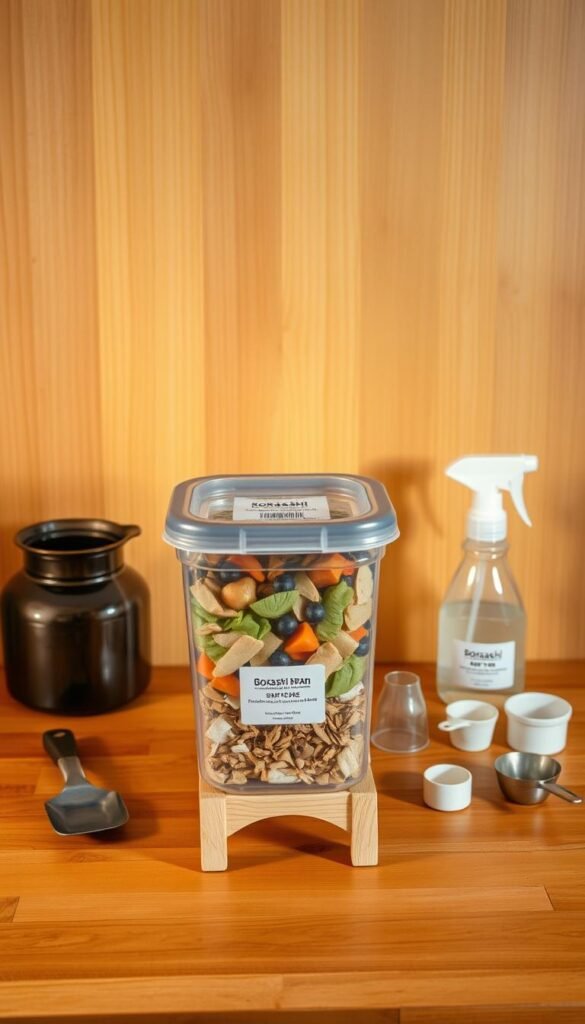 A well-lit, detailed tabletop scene depicting a comprehensive bokashi composting setup. In the foreground, a plastic bokashi bin with a tight-fitting lid sits atop a small wooden stand. Visible inside the bin are layers of food scraps and a bokashi bran starter culture. In the middle ground, an array of essential accessories are neatly arranged, including a spray bottle, a small shovel, and measuring cups. The background features a natural wooden surface, perhaps a kitchen countertop or a compact shelving unit, creating a clean, minimalist environment. Warm, even lighting from above casts soft shadows, enhancing the tactile, hands-on feel of the setup. The overall composition conveys a sense of order, efficiency, and the thoughtful process of small-space composting.