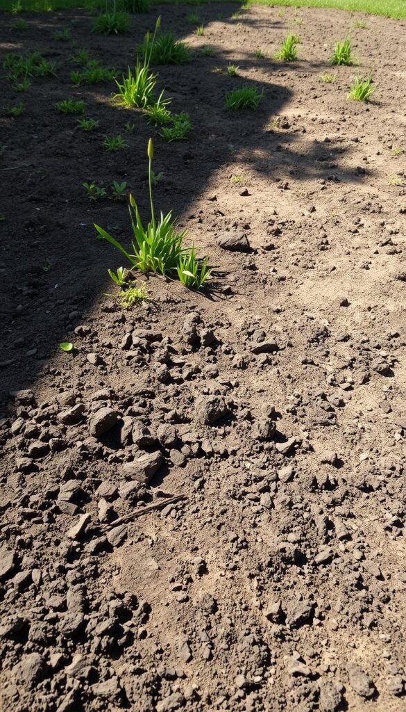 A well-lit, expansive yard with diverse soil conditions, showcasing an array of textures and colors. The foreground features a close-up view of the earth, revealing a mixture of dark, nutrient-rich topsoil and pockets of sandy, well-drained soil. In the middle ground, lush vegetation, such as grass and small plants, thrive, demonstrating the suitability of the soil for various types of growth. The background offers a wider perspective, capturing the overall layout of the yard, with gentle slopes and varied terrain. The lighting is soft and natural, casting subtle shadows that accentuate the depth and contours of the soil. The overall atmosphere conveys a sense of exploration and assessment, inviting the viewer to closely examine the yard's soil conditions.