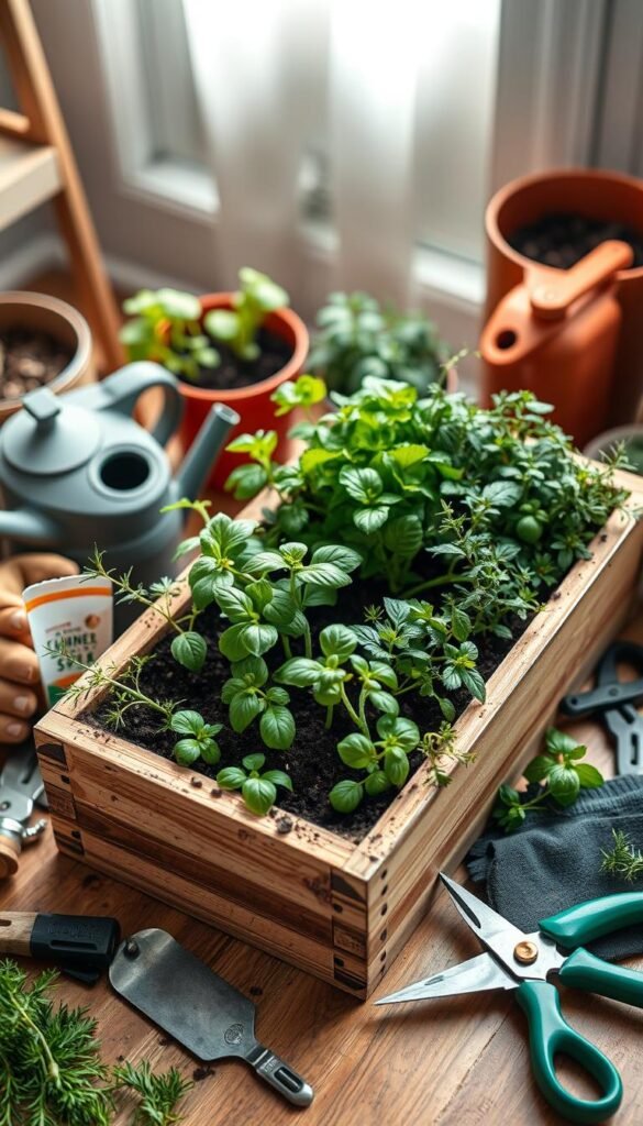 A well-lit, high-angle shot of a collection of gardening tools for container herb gardens. In the foreground, a medium-sized wooden planter box filled with fresh soil and thriving herbs such as basil, rosemary, and thyme. Surrounding the planter are various essential tools - a small hand trowel, pruning shears, a watering can, and a seed packet. The middle ground features a gardening glove, a small plant mister, and a pair of gardening scissors. The background is blurred, suggesting an indoor setting with natural light flooding in through a window. The overall mood is one of organization, practicality, and the joy of small-scale, urban gardening.