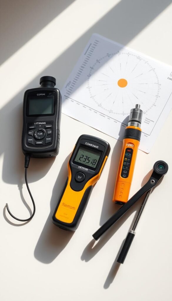 A well-lit, high-angle studio photograph of an assortment of sun exposure measurement tools, including a digital lux meter, a handheld solar radiation sensor, and a sun path diagram chart. The tools are arranged on a clean, white tabletop, casting sharp shadows that highlight their form and function. The lighting is even and directional, creating a sense of clarity and precision. The overall mood is one of scientific inquiry and practical application, suitable for illustrating a section on assessing garden sun exposure.