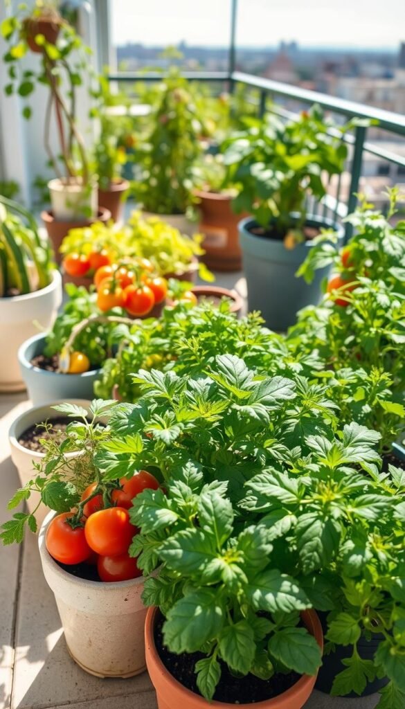 A well-lit, high-angle view of a container gardening setup. In the foreground, a variety of healthy potted plants - tomatoes, herbs, leafy greens - thriving in a visually appealing arrangement. The middle ground showcases a range of containers, from small ceramic pots to larger planters, complementing the vibrant foliage. The background depicts a bright, sunlit patio or balcony, with hints of an urban landscape in the distance, conveying the idea of container gardening in a practical, space-constrained setting. The overall scene exudes a sense of lush, bountiful growth and the joys of urban gardening.