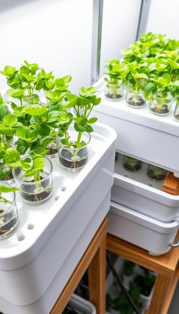 A well-lit, high-angle view of a modern, white hydroponic system tray setup. The tray is filled with clear water, reflecting the lush, green hydroponically-grown plants above. Sleek, transparent grow cups hold the plants, their roots visible beneath the water surface. The tray is situated on a sturdy, wood-grain shelving unit, with additional trays stacked neatly behind. Soft, diffused lighting from above illuminates the scene, creating an airy, clean aesthetic. The overall setup exudes a sense of precise, efficient plant cultivation, suitable for the "Practical Tips for Setting Up and Optimizing Your System" section.