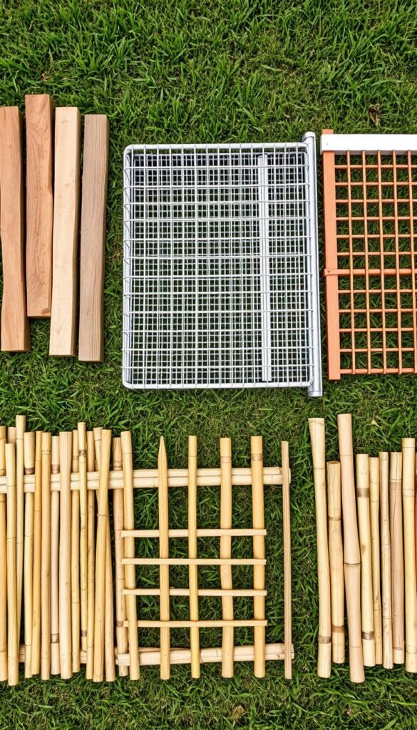 A well-lit, high-angle view of an array of common garden fence materials laid out for comparison, including wooden posts, metal mesh panels, PVC lattice, and bamboo fencing. The materials are displayed on a natural background of lush green grass, with a sense of depth and perspective to showcase their textures, colors, and construction details. The lighting is soft and even, accentuating the visual differences between the materials. The overall mood is one of informative clarity, helping the viewer to assess the practical and aesthetic qualities of each fencing option.