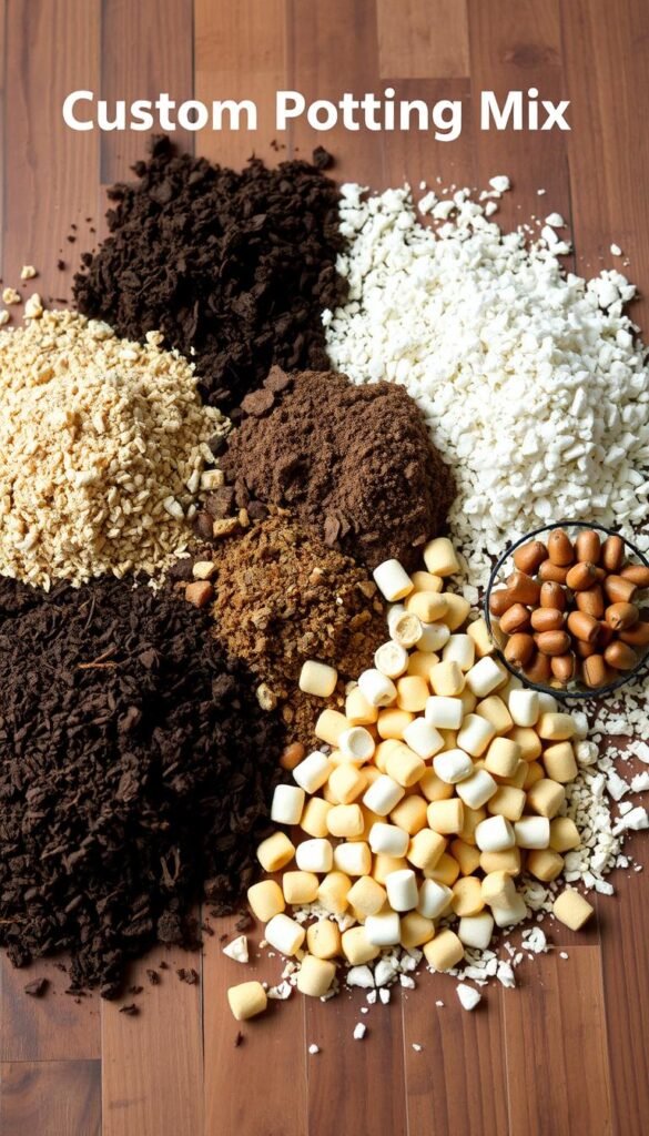 A well-lit, high-quality photograph of a custom potting mix blend laid out on a wooden surface. The mix consists of an assortment of organic ingredients such as compost, peat moss, vermiculite, and slow-release fertilizer pellets. The different components are clearly visible, creating a visually appealing and informative composition. The lighting is soft and natural, highlighting the textures and colors of the materials. The camera angle is slightly elevated, providing a clear view of the mix and emphasizing its homemade, artisanal quality. An overall earthy, rustic atmosphere conveys the idea of crafting a personalized soil blend for container gardening.