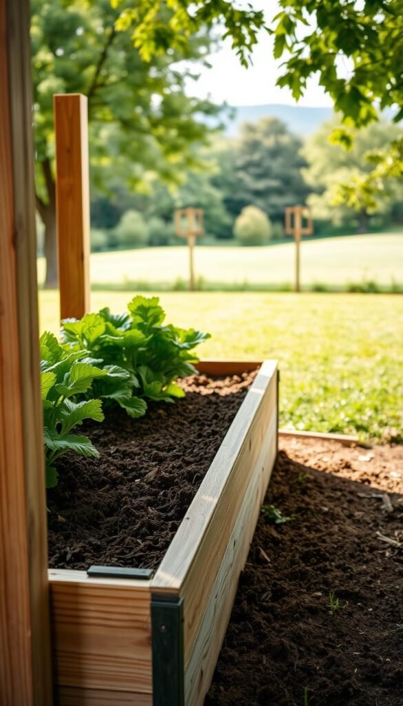 A well-lit, high-quality photograph of a raised vegetable garden bed, viewed from a slightly elevated angle. The wooden frame of the bed is prominently featured in the foreground, with rich, loamy soil filling the interior. Lush, verdant plants with vibrant foliage are neatly arranged within the bed, suggesting a thriving, productive garden. The middle ground showcases a neatly manicured lawn or ground cover, leading the eye to a scenic background of verdant trees or a gently rolling landscape. The lighting is soft and natural, with a warm, inviting ambiance that highlights the textures and colors of the garden elements. The overall composition conveys a sense of tranquility, productivity, and the joys of home-grown, sustainable food production.