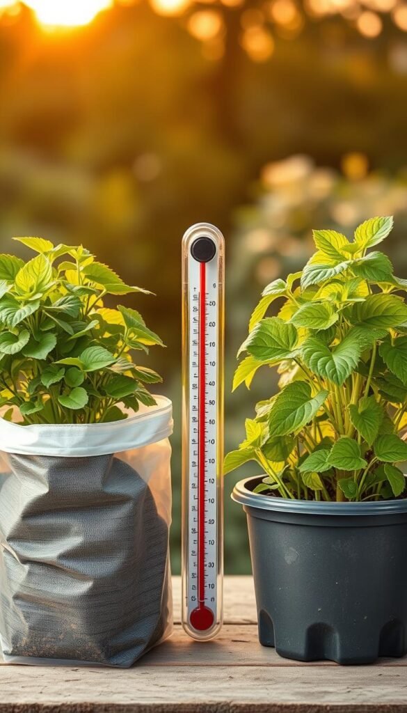 A well-lit, high-resolution, detailed image showcasing soil temperature regulation in containers. In the foreground, two side-by-side grow bags and plastic pots filled with healthy, lush plants. The grow bag's breathable material and the pot's rigid structure create a clear contrast in how they influence soil temperature. The middle ground depicts a thermometer monitoring the soil temperature differences, with the grow bag maintaining a more stable, moderate reading compared to the plastic pot's wider temperature fluctuations. The background features a harmonious, natural setting with a warm, golden-hour lighting, emphasizing the importance of effective temperature control for optimal plant growth.