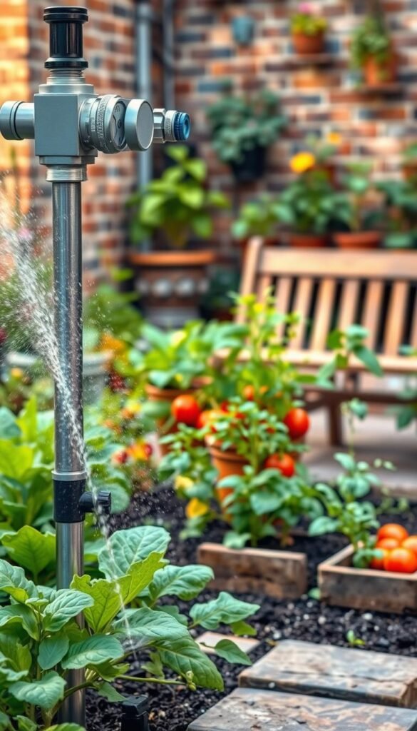 A well-lit, high-resolution image of an automatic irrigation system installation in an urban garden setting. The foreground depicts a modern, modular sprinkler system with adjustable nozzles, precision water timers, and smart soil moisture sensors. The middle ground showcases a lush, thriving vegetable garden with healthy leafy greens, tomatoes, and herbs. The background features a rustic brick wall, potted plants, and a wooden garden bench, creating a cozy, welcoming atmosphere. The lighting is soft and natural, with warm hues reflecting off the metallic irrigation components. The overall scene conveys a sense of efficiency, sustainability, and pride in a self-sustaining urban oasis.