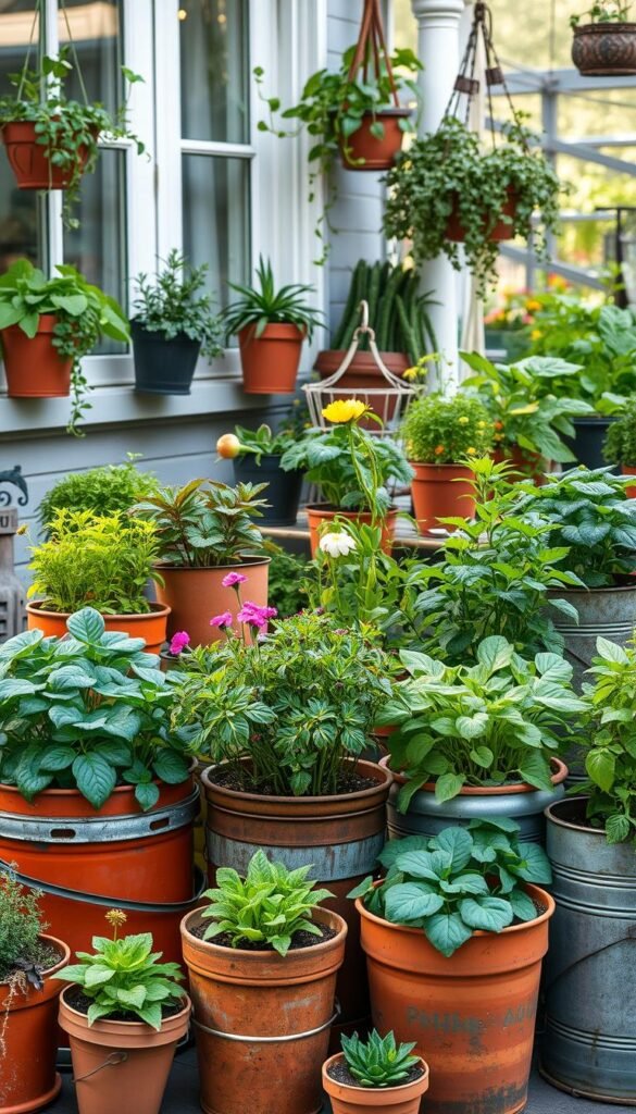 A well-lit, high-resolution image showcasing a variety of thriving container gardens. In the foreground, an artfully arranged display of terracotta pots, metal buckets, and repurposed household items like old crates and tin cans, each brimming with lush, vibrant foliage and flowering plants. The middle ground features a mix of vegetables, herbs, and trailing vines cascading from hanging baskets and windowsill planters. In the background, a cozy patio or balcony setting, with natural light filtering through potted plants and strings of fairy lights creating a warm, inviting atmosphere. The overall composition conveys a sense of abundance, creativity, and expert gardening tips to maximize the potential of container gardening.