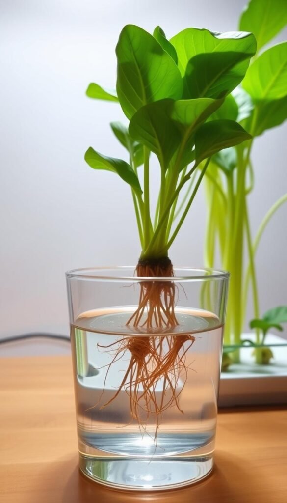 A well-lit hydroponic setup featuring the Kratky method. In the foreground, a clear glass container holds still water, with plant roots suspended above. The middle ground showcases lush, verdant leaves emerging from the water's surface. In the background, a minimalist white backdrop provides a clean, uncluttered setting. The lighting is soft and diffused, casting gentle shadows and highlighting the organic textures. The overall composition conveys a sense of simplicity, efficiency, and the natural beauty of this soil-free gardening technique.