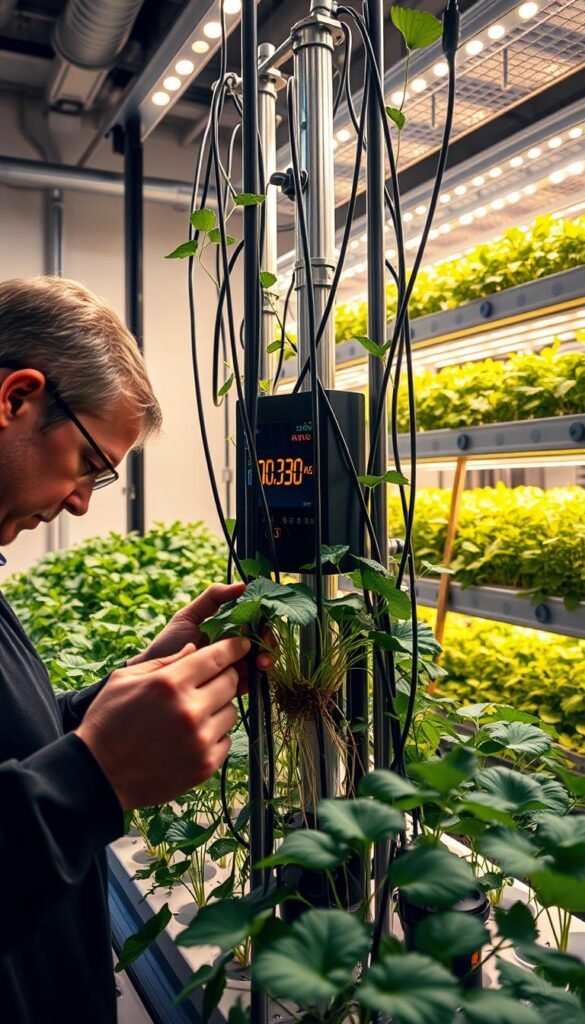 A well-lit indoor aeroponic garden, with a focus on troubleshooting. In the foreground, a gardener examines the roots of an aeroponic plant, carefully inspecting for any signs of disease or nutrient deficiency. The middle ground features the aeroponic tower, its intricate web of tubing and misting nozzles, with a digital display panel showcasing real-time monitoring data. In the background, shelves of other thriving aeroponic crops under warm, full-spectrum lighting, creating a sense of an organized, high-tech vertical farming setup. The overall mood is one of problem-solving and optimization, with a clean, modern aesthetic to reflect the sophistication of the aeroponic technology.