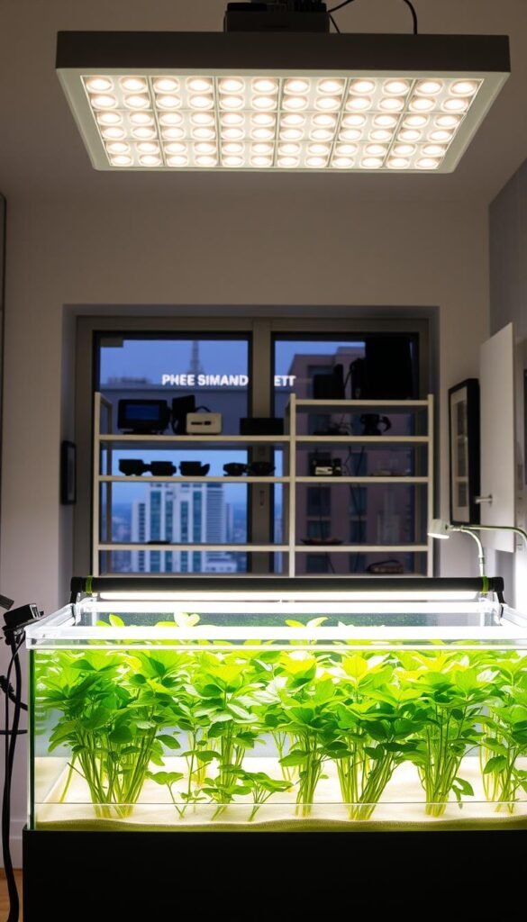 A well-lit indoor aquaponics setup with a sleek, modern design. In the foreground, a compact hydroponic system with lush green plants suspended in a clear water tank. Overhead, an array of adjustable LED grow lights bathes the scene in a warm, balanced glow. The middle ground features a minimalist shelving unit displaying various sensors and monitoring equipment. In the background, a large window offers a glimpse of an urban cityscape, creating a harmonious fusion of nature and technology. The overall atmosphere is one of efficiency, sustainability, and a passion for urban horticulture.