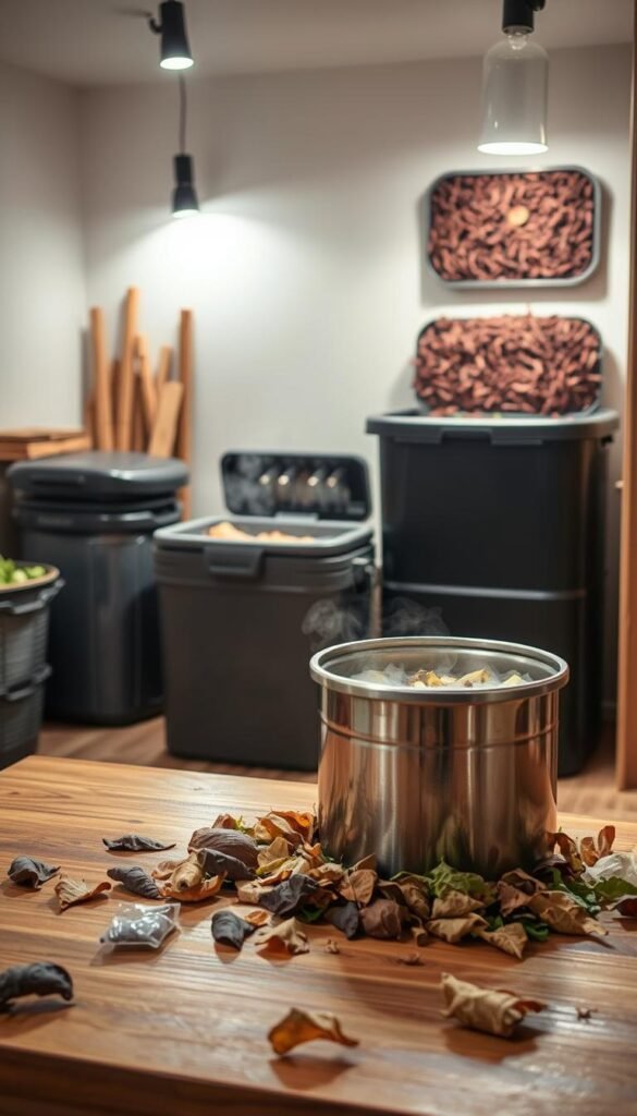A well-lit indoor composting scene, showcasing a variety of alternative methods for the colder months. In the foreground, a sleek, stainless steel indoor composter stands atop a wooden table, surrounded by various kitchen scraps and dried leaves. In the middle ground, a large, insulated compost bin sits on the floor, its contents steaming gently. Behind it, a wall-mounted worm composting bin attracts curious onlookers with its thriving colony of red wiggler worms. Soft, diffused lighting from overhead fixtures casts a warm, inviting glow, highlighting the textures and colors of the organic materials. The overall atmosphere conveys a sense of eco-conscious practicality and curiosity about sustainable living.