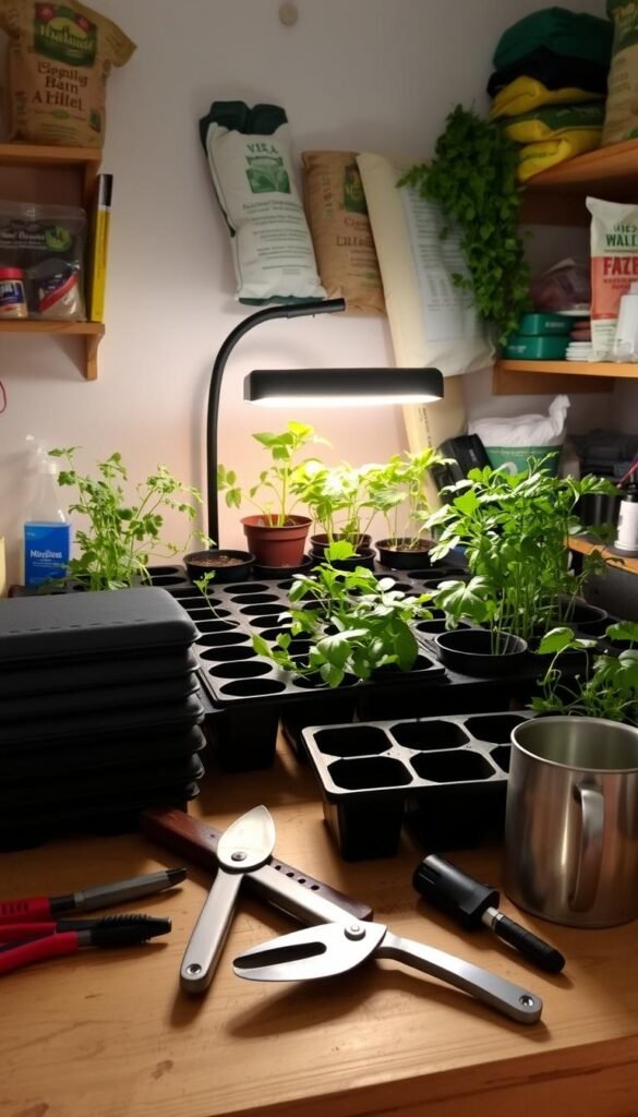 A well-lit indoor garden space, with a variety of essential gardening tools and equipment neatly arranged on a wooden workbench. In the foreground, a set of pruning shears, a hand trowel, and a small watering can sit alongside a stack of planting trays. In the middle ground, a small grow light casts a warm glow over a selection of healthy, thriving potted plants. In the background, shelves display bags of potting soil, seed packets, and other gardening supplies, creating a sense of organization and productivity. The overall atmosphere is one of calm, focus, and the promise of a bountiful indoor harvest.