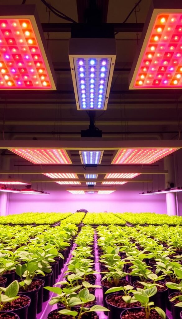A well-lit indoor garden with rows of small potted seedlings illuminated by an array of modern LED grow lights. The lights are suspended overhead, casting a warm, even glow across the delicate plants. The lush green foliage contrasts with the sleek, minimalist design of the lighting fixtures, which feature a combination of red, blue, and white LEDs optimized for accelerating plant growth. The scene has a peaceful, nurturing atmosphere, highlighting the essential role of specialized lighting in cultivating thriving indoor seedlings and young plants.