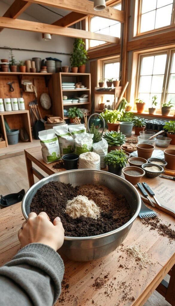 A well-lit indoor gardening workshop with an open workbench. In the foreground, a gardener's hands are carefully mixing and blending different types of potting soil - dark loamy earth, peat moss, vermiculite, and compost - in a large steel bowl. The mid-ground shows an array of labeled soil amendments and tools like shovels, trowels, and sieves. The background features shelves stocked with gardening supplies and natural light streaming in from large windows, creating a warm, inviting atmosphere conducive to the task at hand.
