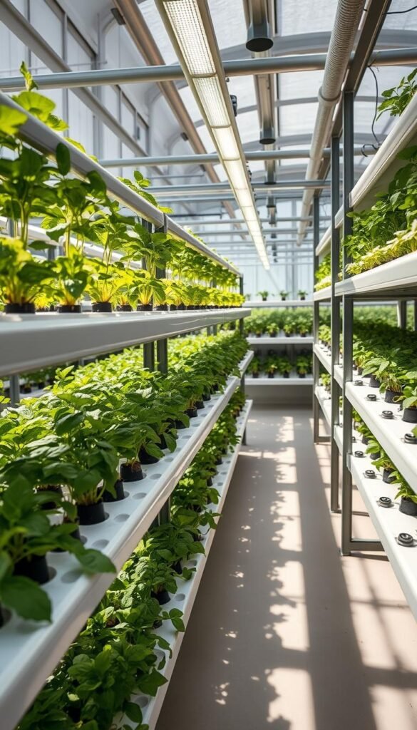 A well-lit indoor greenhouse filled with thriving herb plants arranged in meticulously organized hydroponics systems. Close-up view showcasing the lush foliage, verdant stems, and healthy roots of mint, basil, and other common culinary herbs. Sleek, modern shelving units with integrated LED lighting and water reservoirs provide a controlled growing environment. Soft shadows cast across the scene, creating a serene, nurturing ambiance. The image captures the efficiency and aesthetic appeal of top-rated indoor herb garden systems, suitable for year-round cultivation.