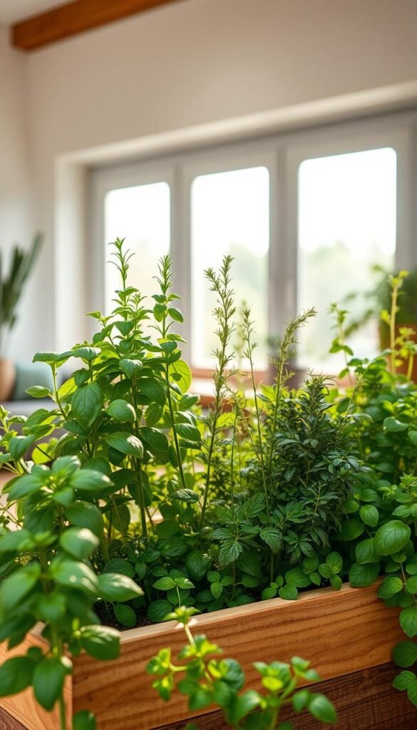 A well-lit indoor herb garden, showcasing an array of fresh, vibrant herbs thriving in a cozy, sun-drenched setting. In the foreground, a variety of herbs such as basil, rosemary, thyme, and oregano stand tall, their lush, green leaves glistening with morning dew. The middle ground features a minimalist wooden planter, its clean lines complementing the natural textures of the herbs. Soft, diffused lighting filters through large windows, casting a warm, inviting glow and highlighting the verdant hues of the plants. The background features a simple, uncluttered interior, allowing the herbs to take center stage and emphasize the benefits of growing a thriving indoor herb garden.