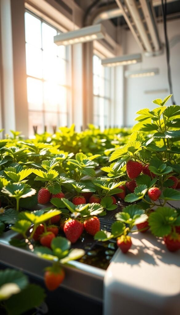 A well-lit indoor hydroponic berry garden with lush, vibrant strawberry plants thriving in a modern, minimalist setup. Sunlight streams in through large windows, casting a warm glow on the sleek, steel-framed grow beds filled with nutrient-rich water. Delicate white flowers dot the green foliage, hinting at the sweet berries to come. Compact LED grow lights supplement the natural lighting, ensuring optimal growing conditions. The overall atmosphere is one of tranquility and abundance, perfectly suited for an introduction to the joys of indoor hydroponic berry cultivation.