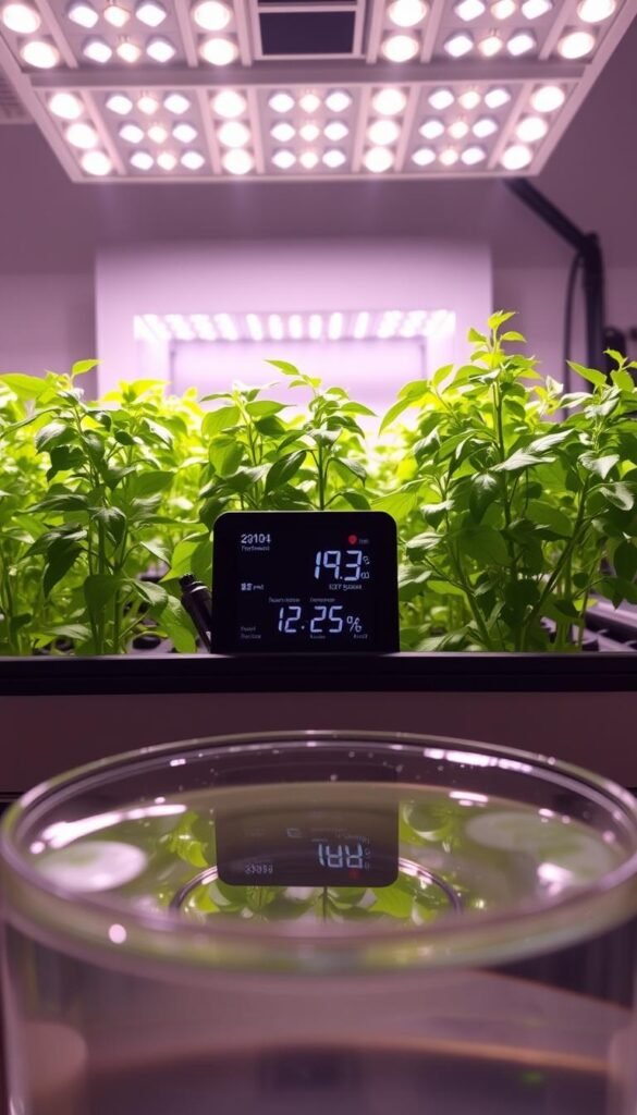 A well-lit indoor hydroponic setup, with a transparent water reservoir in the foreground showcasing the water level and nutrient solution. In the middle ground, a digital display panel displaying the pH, temperature, and dissolved oxygen levels. In the background, lush green herb plants thriving under the warm glow of full-spectrum LED grow lights. The scene conveys a sense of precision and control, with the hydroponic system meticulously monitored to ensure optimal growing conditions for the herbs.