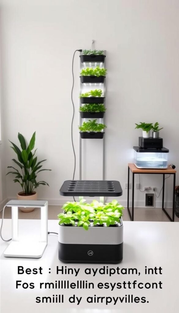 A well-lit indoor scene featuring a side-by-side comparison of three compact hydroponic systems. In the foreground, a sleek countertop system with a minimalist design and built-in LED grow lights. In the middle ground, a vertical wall-mounted system with cascading plant trays. In the background, a tabletop unit with a transparent water reservoir and a compact footprint. The systems are presented in a clean, modern setting with neutral-toned walls and subtle plant accents, inviting the viewer to consider the best hydroponic option for a small apartment space.