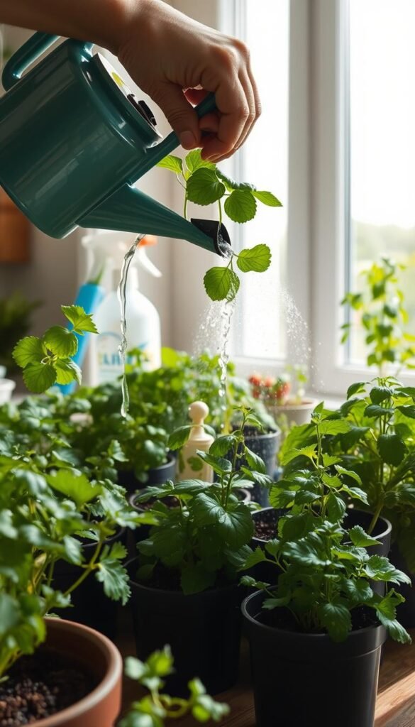 A well-lit indoor scene showcasing various herb watering techniques. In the foreground, a gardener's hands gently watering a lush potted herb using a small watering can, water gently cascading over the leaves. In the middle ground, a collection of potted herbs in varying stages of growth, some being misted with a spray bottle, others receiving a slow trickle from a drip system. The background features a bright, airy window allowing natural light to flood the space, illuminating the verdant herbs. The scene conveys a sense of care, attention, and the delicate balance required to maintain a thriving indoor herb garden.