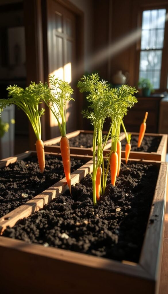 A well-lit indoor scene with a set of large planter boxes filled with dark, nutrient-rich soil. Several vibrant orange carrots of varying sizes push up through the earth, their lush green tops swaying gently. Sunlight streams in through a nearby window, casting a warm, golden glow over the entire composition. The planters are positioned on a sturdy wooden table, creating a sense of order and purpose. The overall mood is one of peaceful productivity, inviting the viewer to imagine the satisfying process of cultivating fresh, homegrown produce even in the depths of winter.