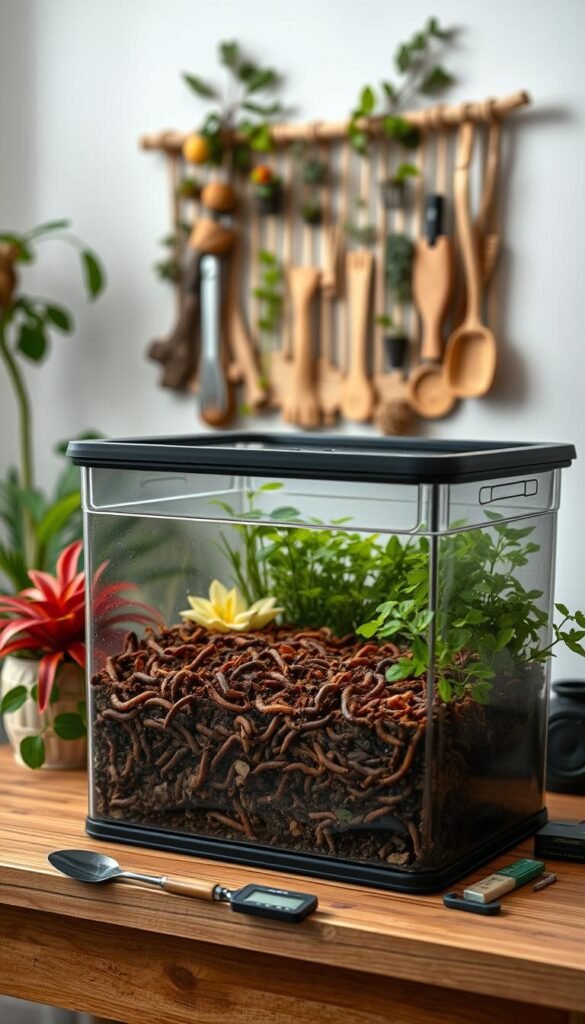 A well-lit indoor setting, a wooden table or shelf in the foreground, housing a thriving worm composting bin. The bin's transparent walls reveal the active decomposition process, with worms diligently working to break down organic matter. Colorful, lush plants surround the bin, softening the scene. In the middle ground, a variety of composting tools and accessories, such as a small shovel, moisture meter, and pH test kit, are neatly arranged. The background showcases a nature-inspired wall hanging or shelving unit, adding a touch of rustic warmth to the composition. Soft, diffused lighting creates a serene, inviting atmosphere, highlighting the satisfying rhythm of indoor composting maintenance.