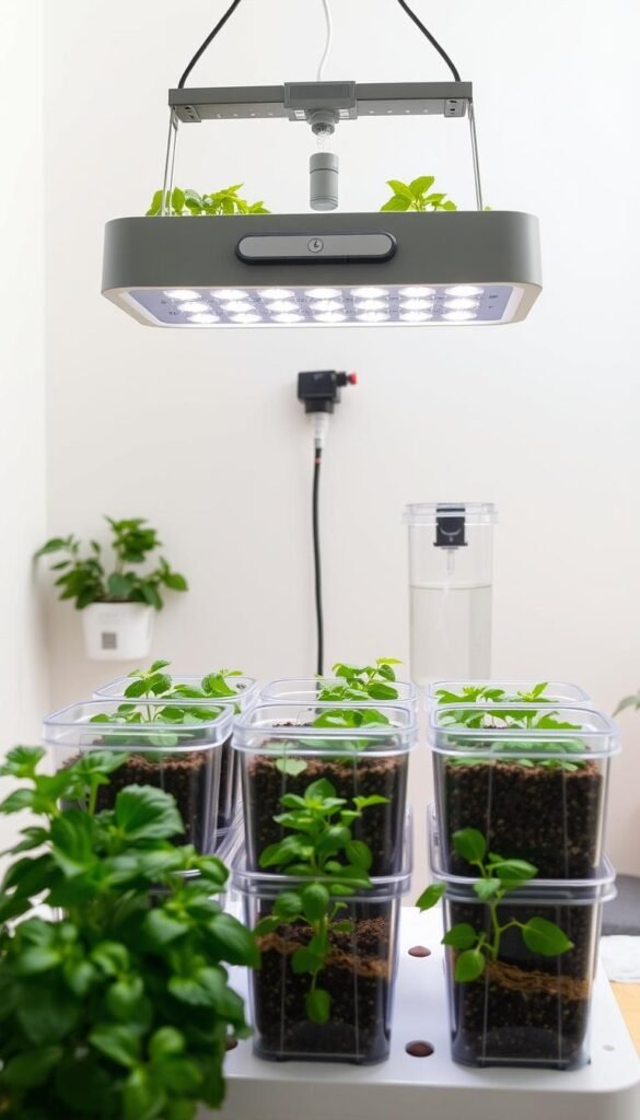 A well-lit indoor setup with a hydroponic system featuring a series of clear planting containers and growing media. The foreground showcases the step-by-step assembly, with a selection of fresh herbs like mint and basil visible. The middle ground depicts the system's key components - a grow light suspended overhead, a water reservoir, and a nutrient delivery mechanism. The background features a minimalist, neutral-toned interior, emphasizing the system's compact, self-contained nature. The overall composition conveys a sense of order, efficiency, and the joy of cultivating vibrant, aromatic herbs year-round, all within the comfort of one's own home.
