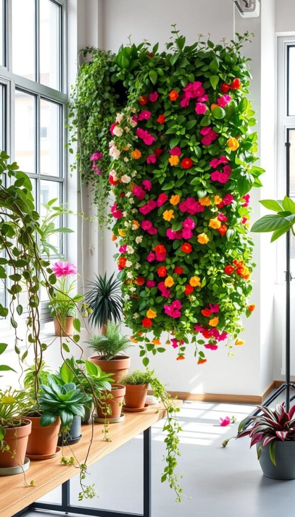 A well-lit indoor studio setting, showcasing an array of vibrant, lush vertical garden plants. The foreground features a selection of potted succulents, trailing vines, and leafy herbs artfully arranged on a sleek, minimalist wooden shelf. The middle ground highlights a mix of colorful flowering plants like petunias, marigolds, and begonias, cascading down a vertical living wall system. The background depicts a bright, airy space with large windows, allowing natural light to flood the scene and accentuate the verdant foliage. The overall atmosphere is one of tranquility, inspiration, and the joyful embrace of nature within a small, urban space.