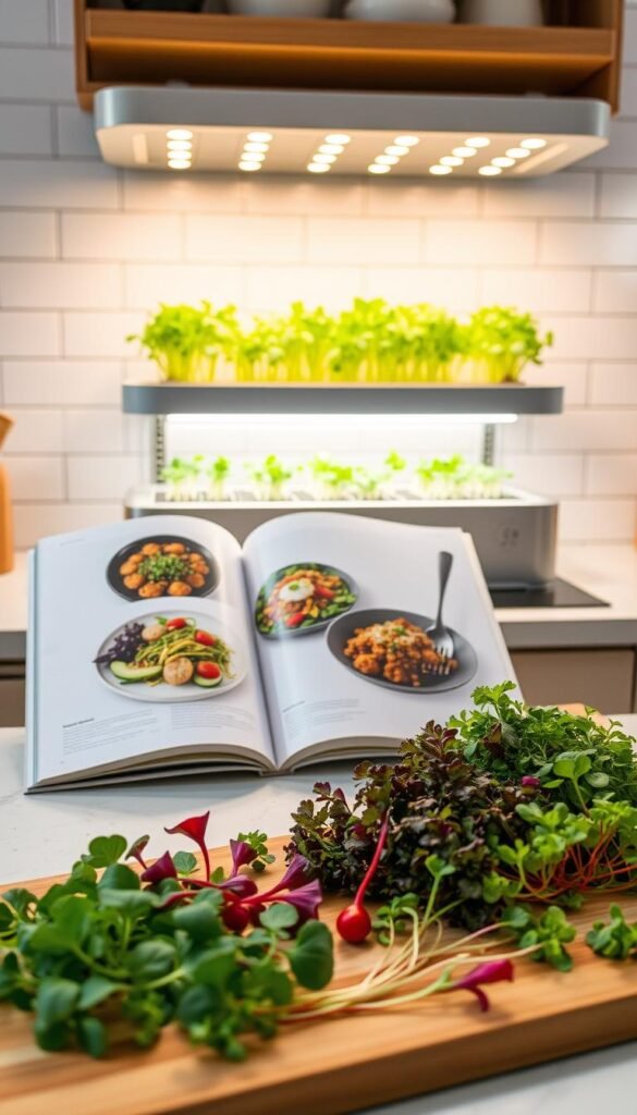 A well-lit kitchen counter showcasing an array of creative microgreen recipes. In the foreground, an assortment of freshly harvested microgreens - vibrant kale, spicy radish, delicate watercress - arranged artfully on a wooden cutting board. Behind, an open cookbook displays tempting dishes incorporating the nutrient-dense greens, from colorful salads to delicate garnishes. In the middle ground, a sleek hydroponic growing system, its LED lights casting a warm glow over the scene. The background features a minimalist, white-tiled wall, complementing the natural tones of the ingredients. The overall atmosphere is one of culinary inspiration and the joy of homegrown, healthy produce.