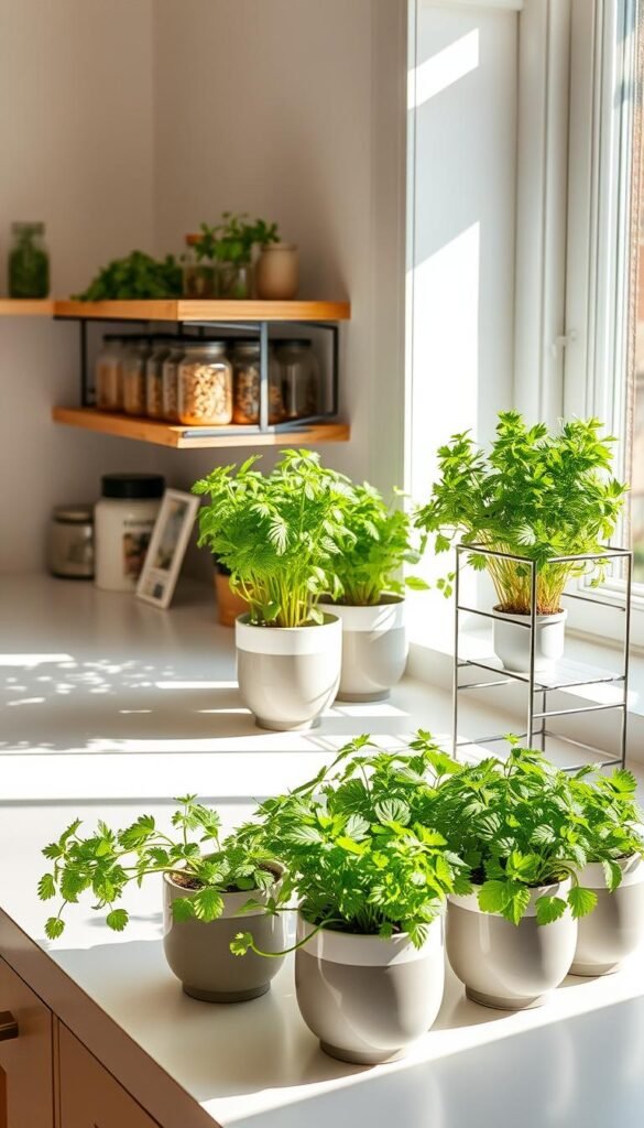 A well-lit kitchen countertop showcases a curated arrangement of ceramic herb pots, their vibrant green foliage casting soft shadows. The mid-century modern containers are placed on a sleek, white surface, complemented by a minimalist metal rack holding jars of dried herbs and spices. Warm, natural sunlight filters through a nearby window, casting a cozy glow over the setup. The scene exudes a sense of tranquility and organization, inviting the viewer to imagine tending to their own flourishing indoor herb garden.